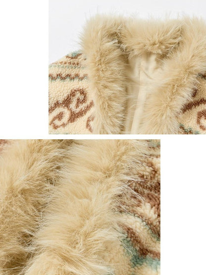 OuttheBlue Fur Collar Loose Midlength Stand Collar Casual Women Fair Isle Polyester Jackets
