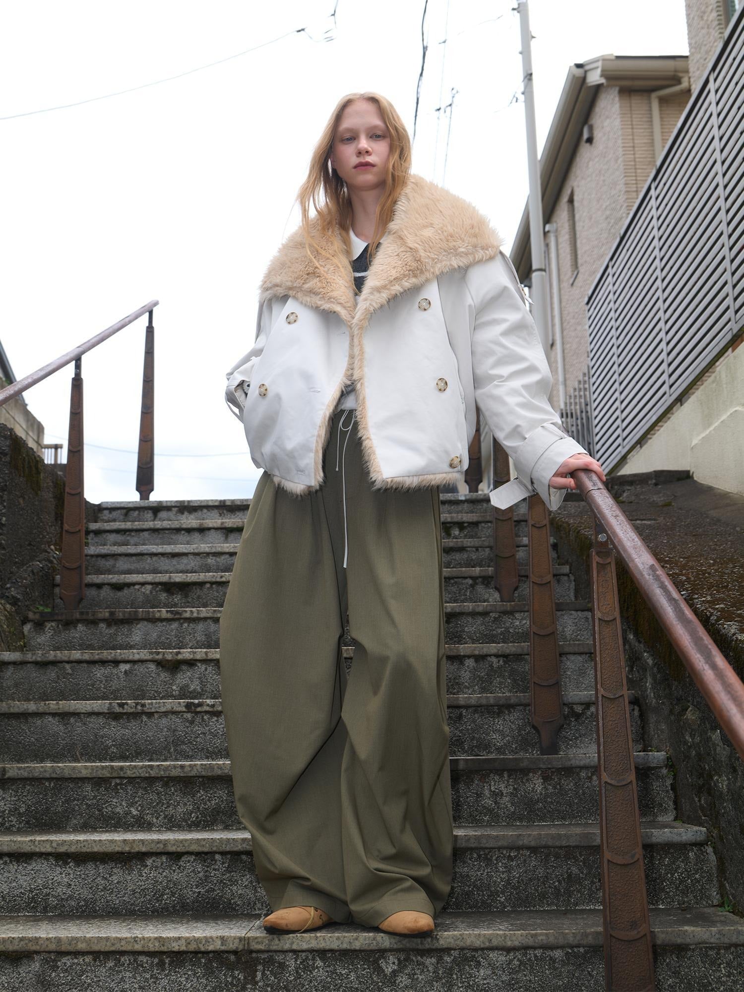 OuttheBlue Fur Collar Single Breasted Regular Fit Long Sleeve Women Light Beige Jacket