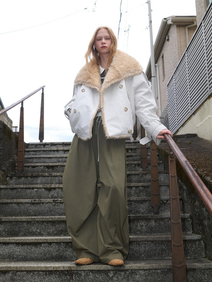 OuttheBlue Fur Collar Single Breasted Regular Fit Long Sleeve Women Light Beige Jacket