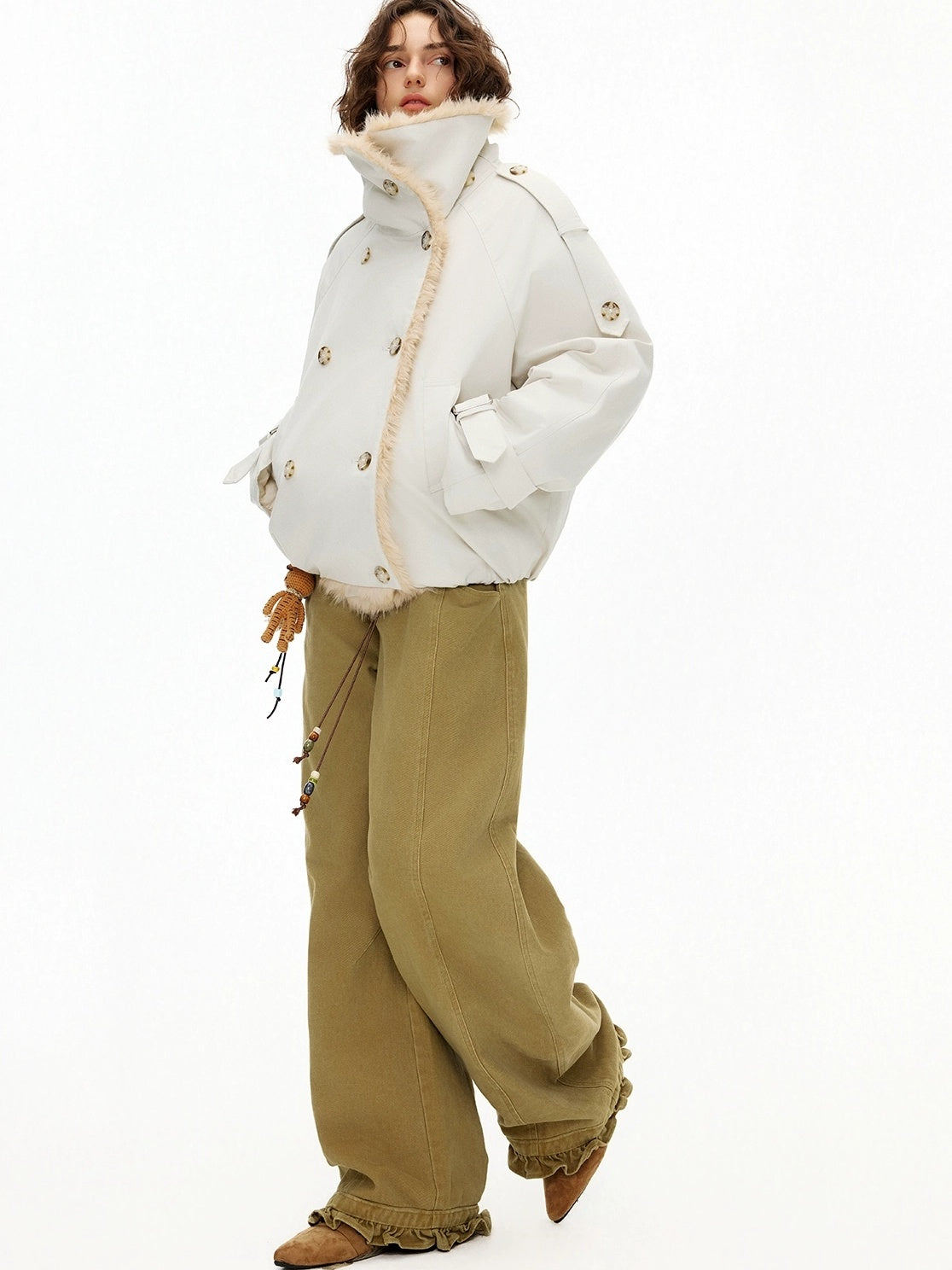 OuttheBlue Fur Collar Single Breasted Regular Fit Long Sleeve Women Light Beige Jacket