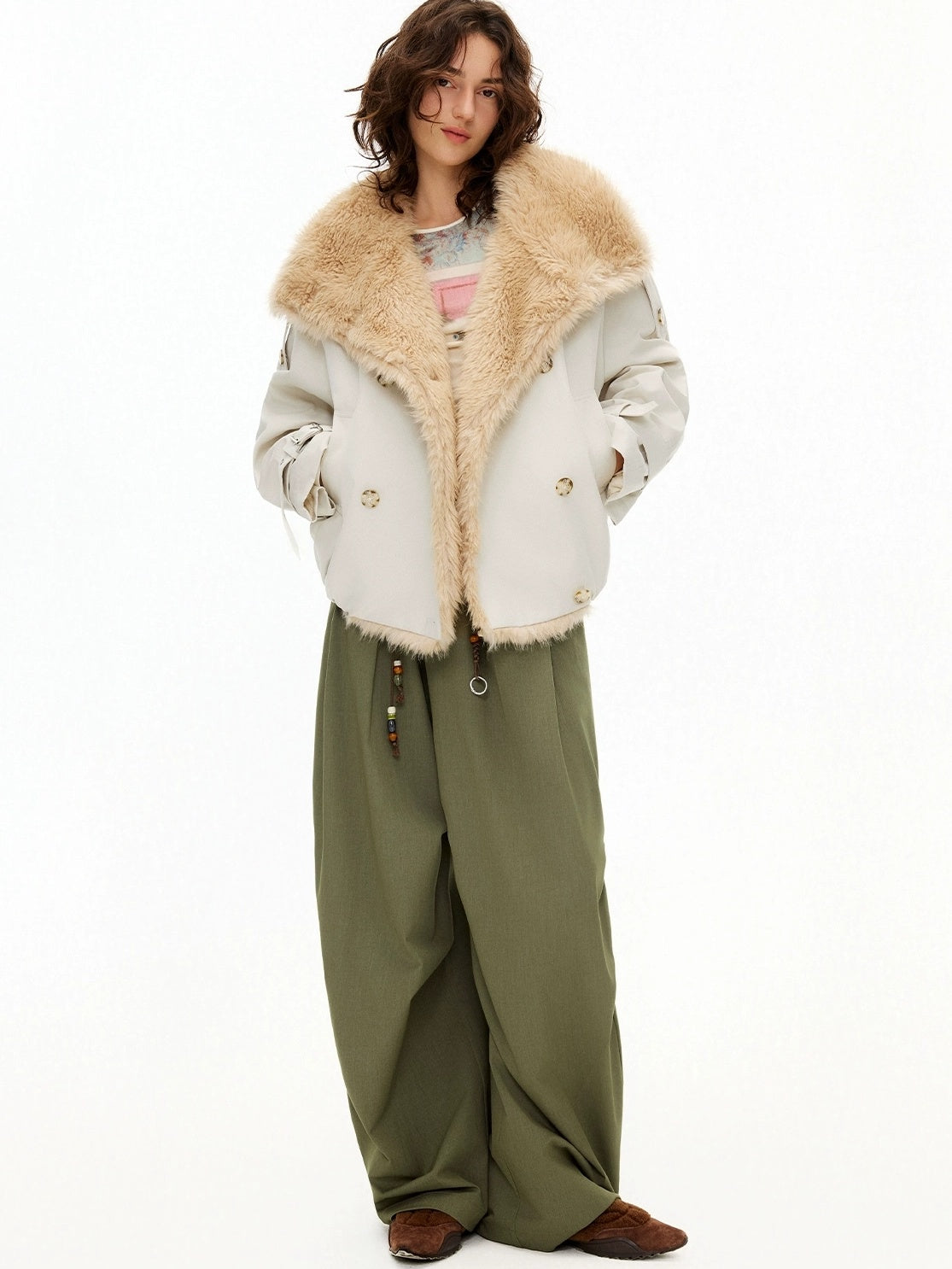 OuttheBlue Fur Collar Single Breasted Regular Fit Long Sleeve Women Light Beige Jacket