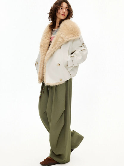 OuttheBlue Fur Collar Single Breasted Regular Fit Long Sleeve Women Light Beige Jacket