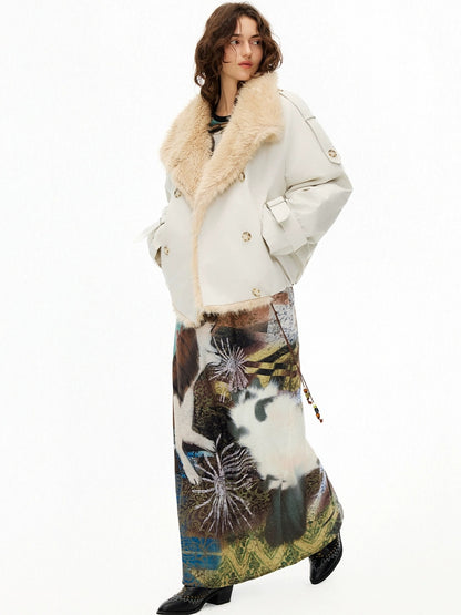 OuttheBlue Fur Collar Single Breasted Regular Fit Long Sleeve Women Light Beige Jacket