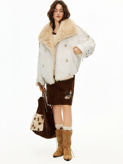 OuttheBlue Fur Collar Single Breasted Regular Fit Long Sleeve Women Light Beige Jacket