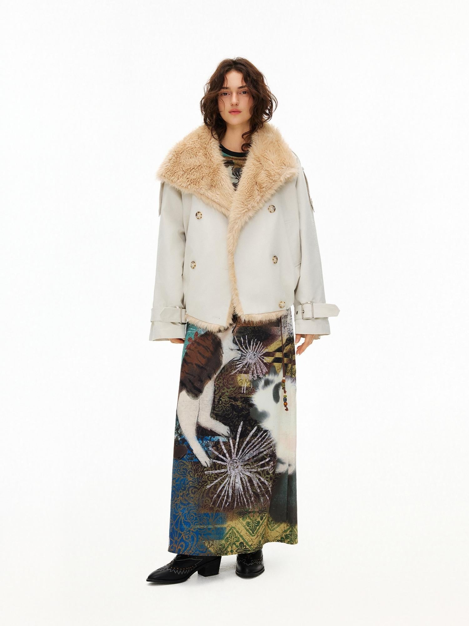 OuttheBlue Fur Collar Single Breasted Regular Fit Long Sleeve Women Light Beige Jacket