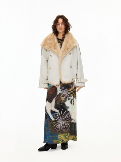 OuttheBlue Fur Collar Single Breasted Regular Fit Long Sleeve Women Light Beige Jacket