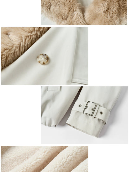 OuttheBlue Fur Collar Single Breasted Regular Fit Long Sleeve Women Light Beige Jacket