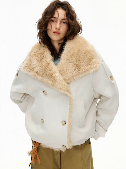 OuttheBlue Fur Collar Single Breasted Regular Fit Long Sleeve Women Light Beige Jacket