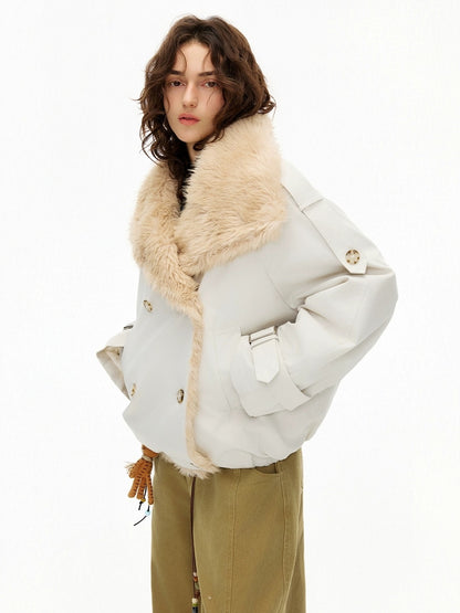 OuttheBlue Fur Collar Single Breasted Regular Fit Long Sleeve Women Light Beige Jacket
