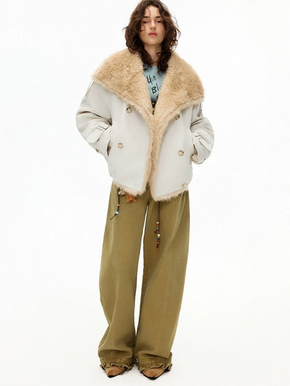 OuttheBlue Fur Collar Single Breasted Regular Fit Long Sleeve Women Light Beige Jacket