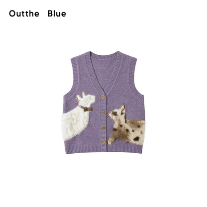OuttheBlue_Fuzzy_Cat_Applique_V-neck_Single_Breasted_Women&