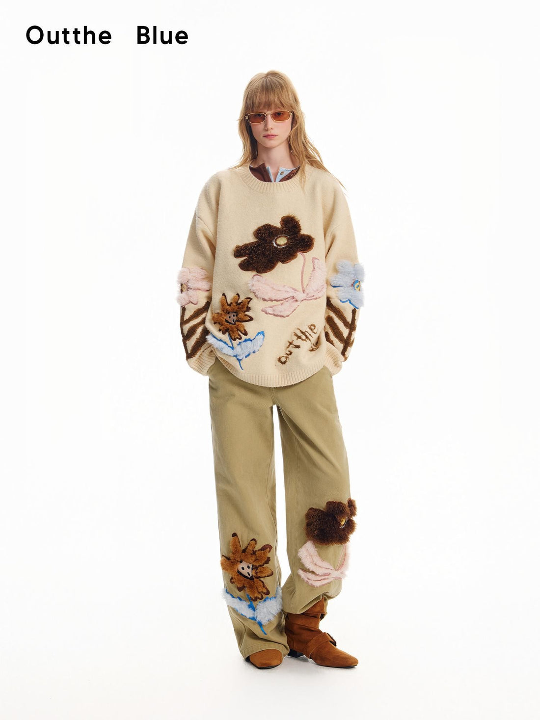 OuttheBlue Fuzzy Floral Applique Crewneck Long Sleeve Wool Women&