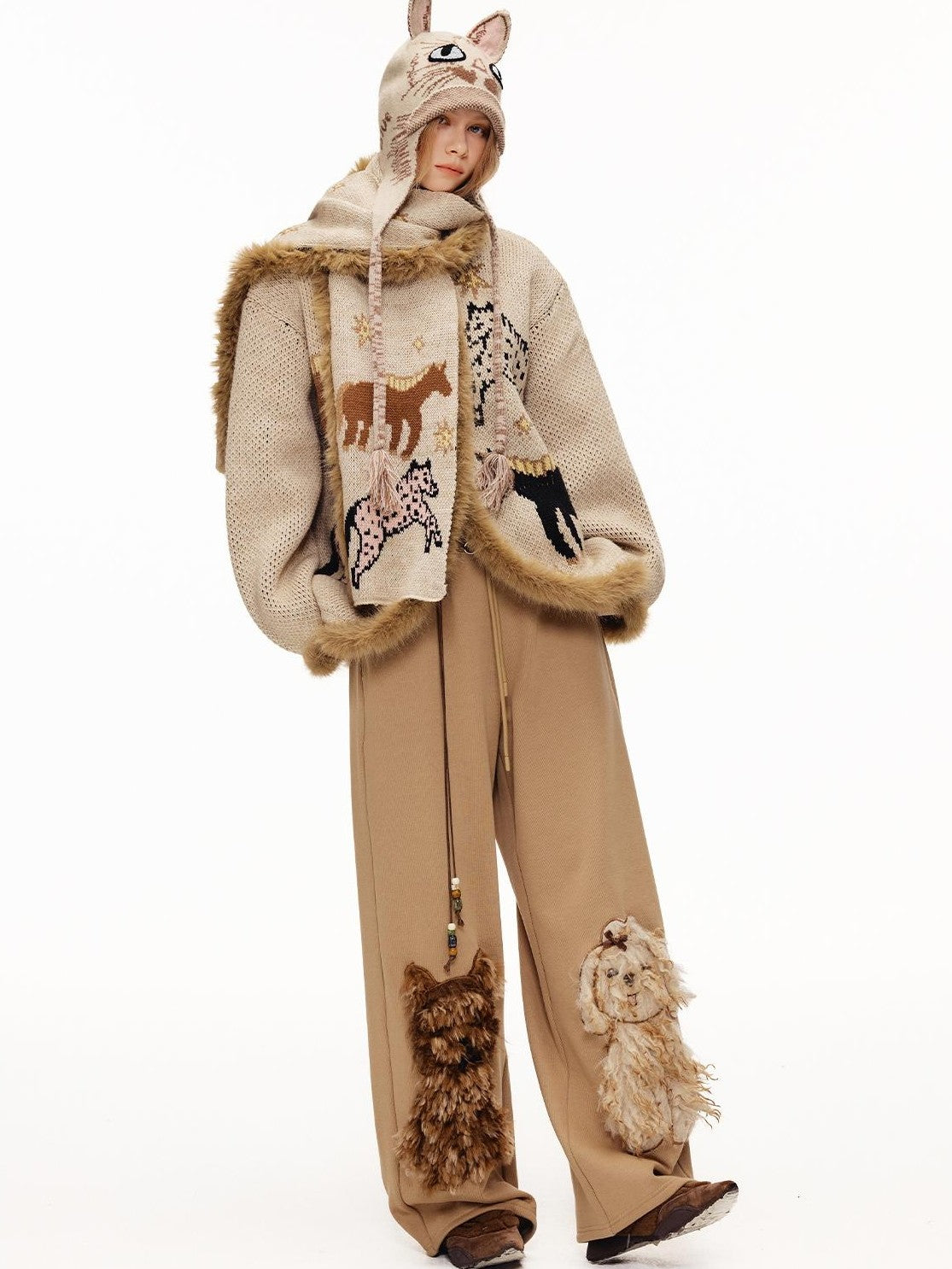 OuttheBlue Fuzzy Trim Thick Wool Jacquard Loose Women&