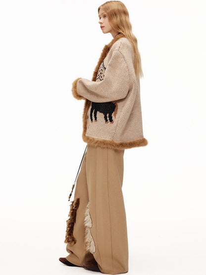 OuttheBlue Fuzzy Trim Thick Wool Jacquard Loose Women&