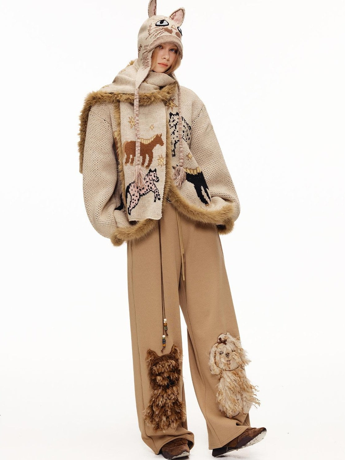 OuttheBlue Fuzzy Trim Thick Wool Jacquard Loose Women&