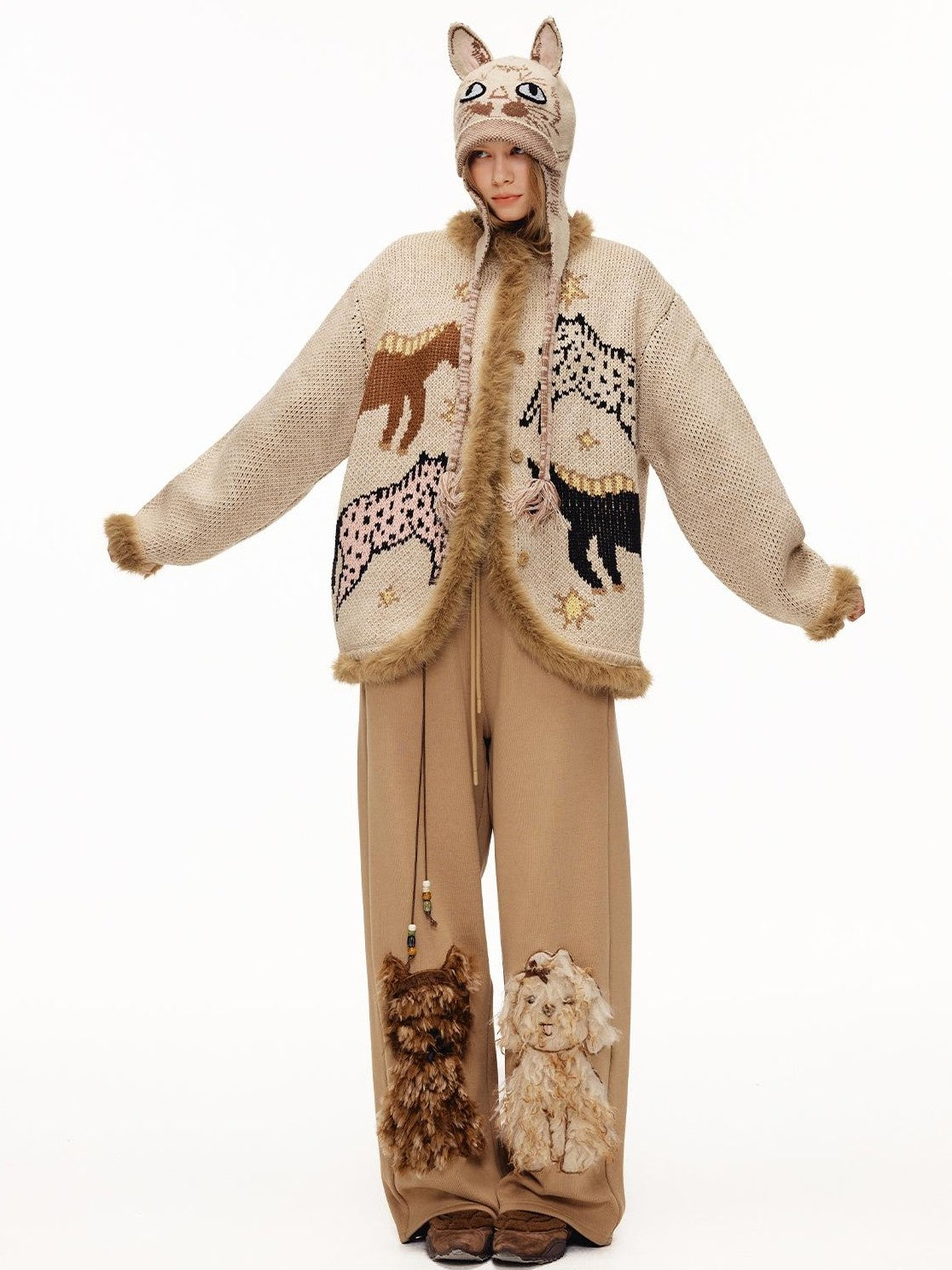 OuttheBlue Fuzzy Trim Thick Wool Jacquard Loose Women&