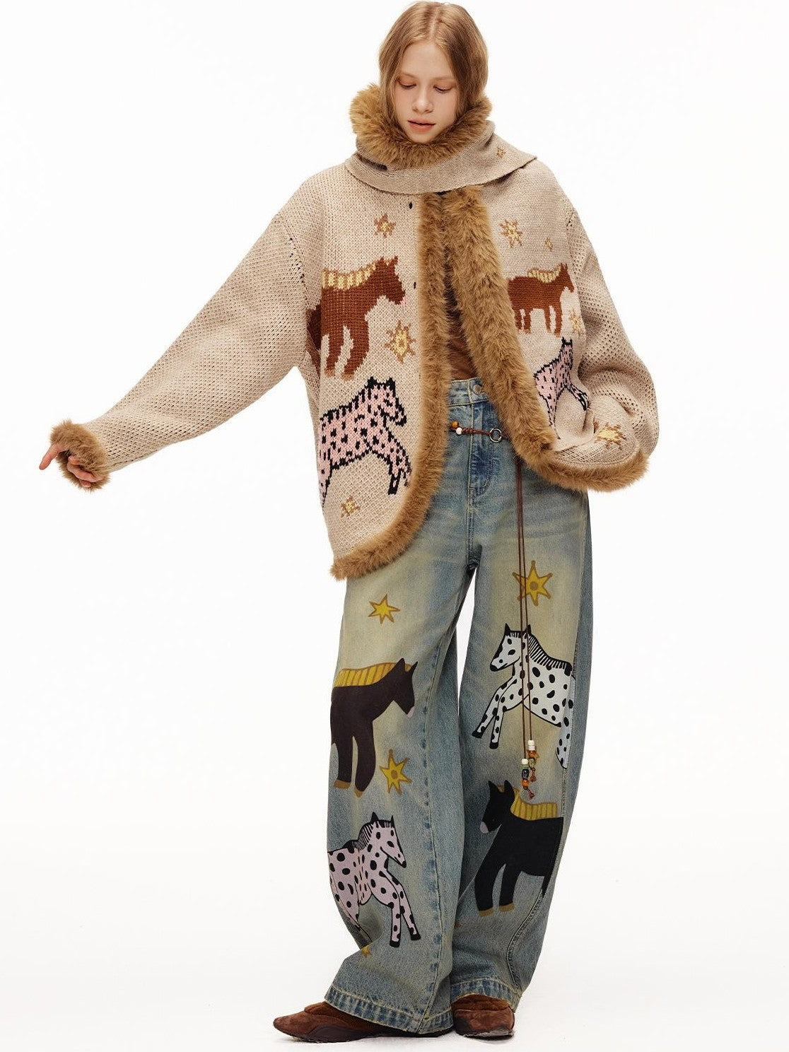 OuttheBlue Fuzzy Trim Thick Wool Jacquard Loose Women&