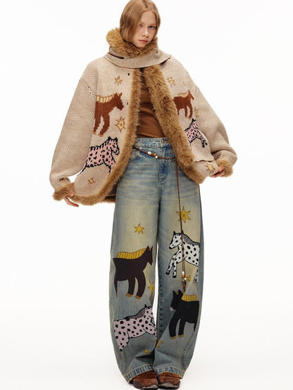OuttheBlue Fuzzy Trim Thick Wool Jacquard Loose Women&