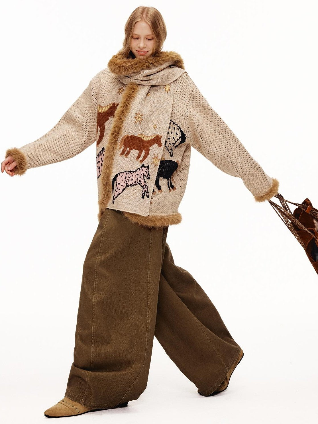 OuttheBlue Fuzzy Trim Thick Wool Jacquard Loose Women&