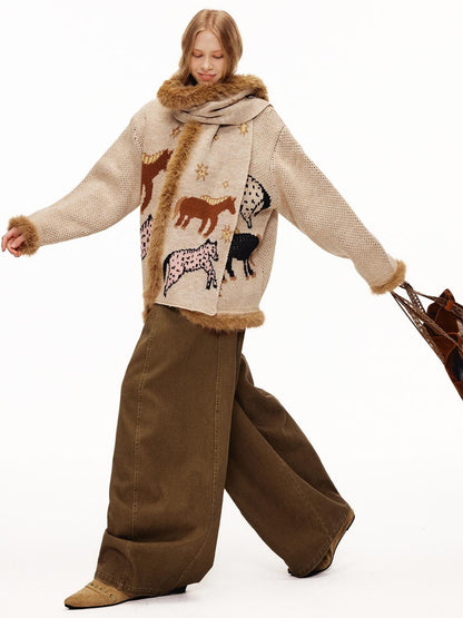 OuttheBlue Fuzzy Trim Thick Wool Jacquard Loose Women&
