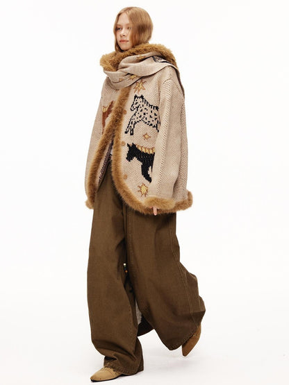 OuttheBlue Fuzzy Trim Thick Wool Jacquard Loose Women&