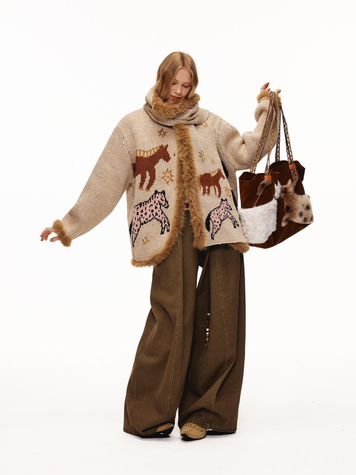 OuttheBlue Fuzzy Trim Thick Wool Jacquard Loose Women&