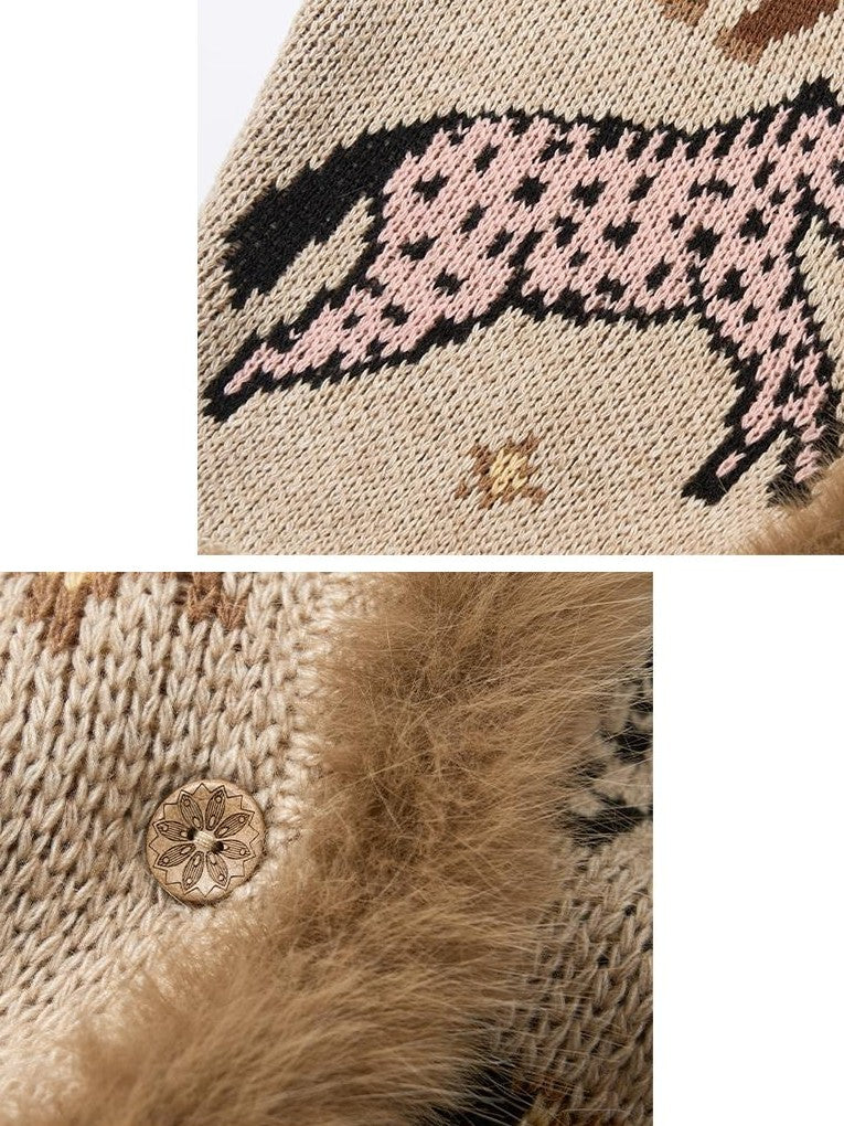 OuttheBlue Fuzzy Trim Thick Wool Jacquard Loose Women&