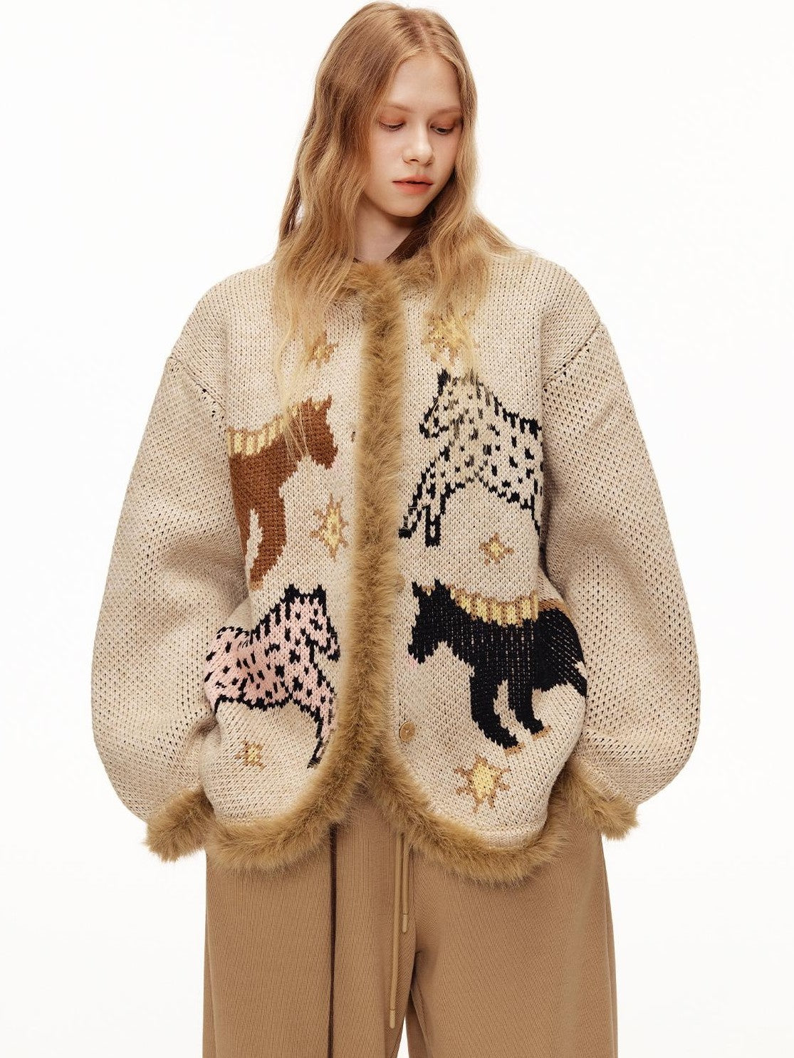 OuttheBlue Fuzzy Trim Thick Wool Jacquard Loose Women&