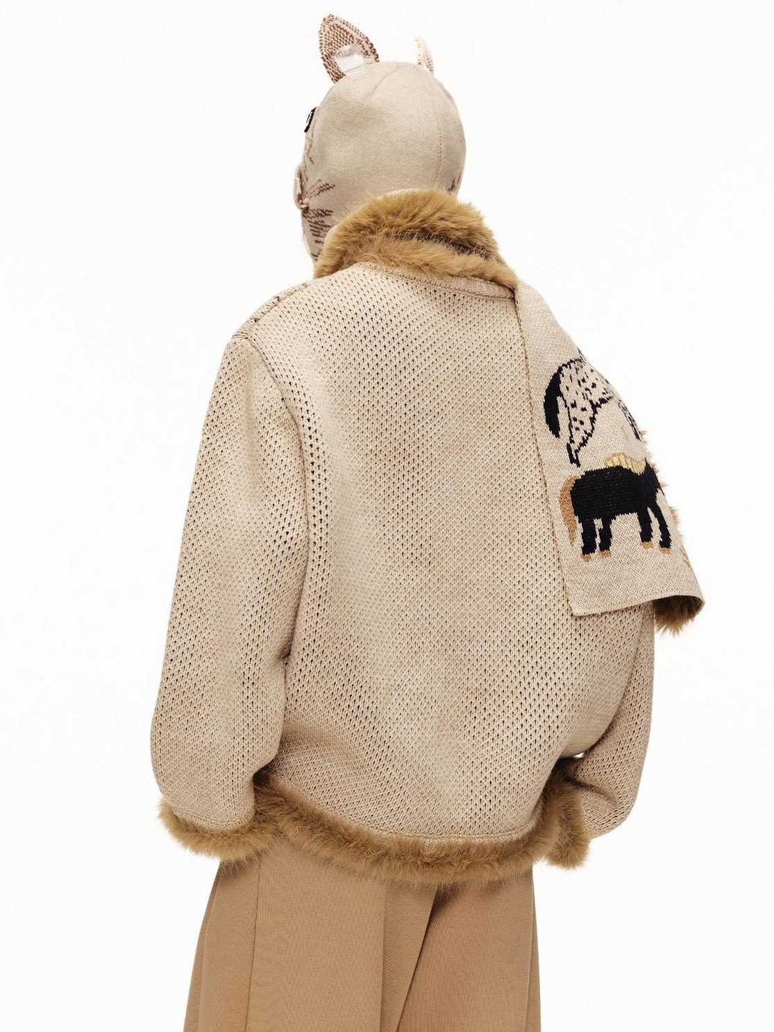 OuttheBlue Fuzzy Trim Thick Wool Jacquard Loose Women&
