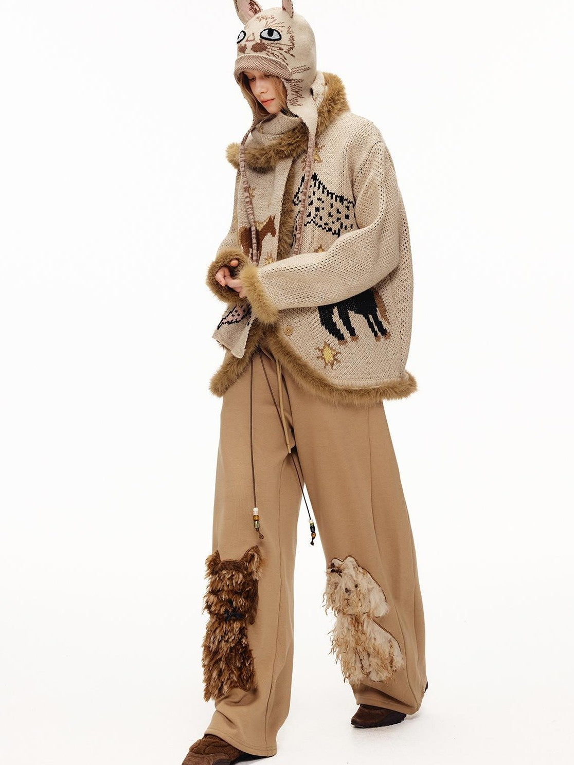 OuttheBlue Fuzzy Trim Thick Wool Jacquard Loose Women&