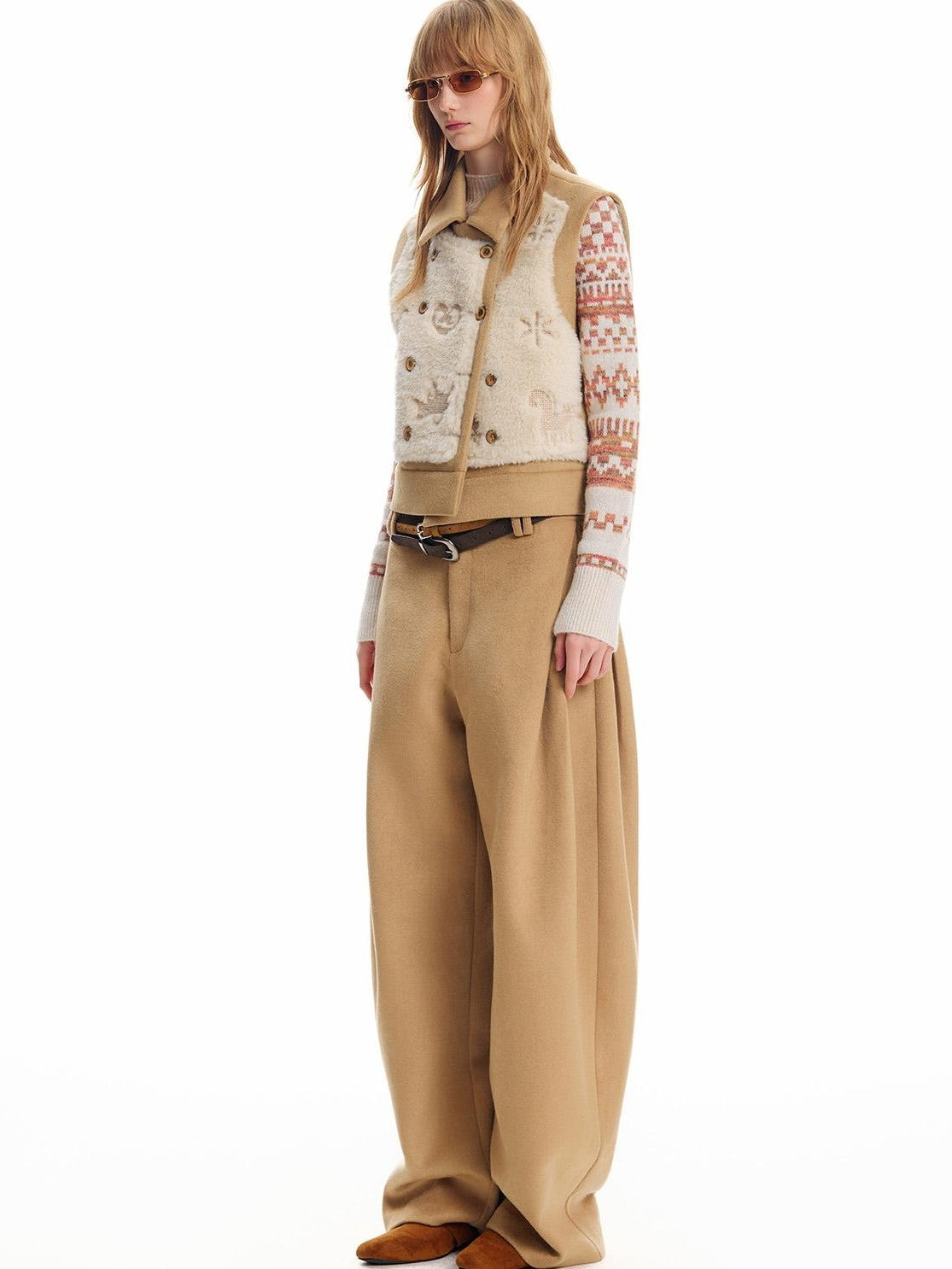 OuttheBlue Ginger Cat Embroidery Fuzzy Spliced Wool Blend Women&