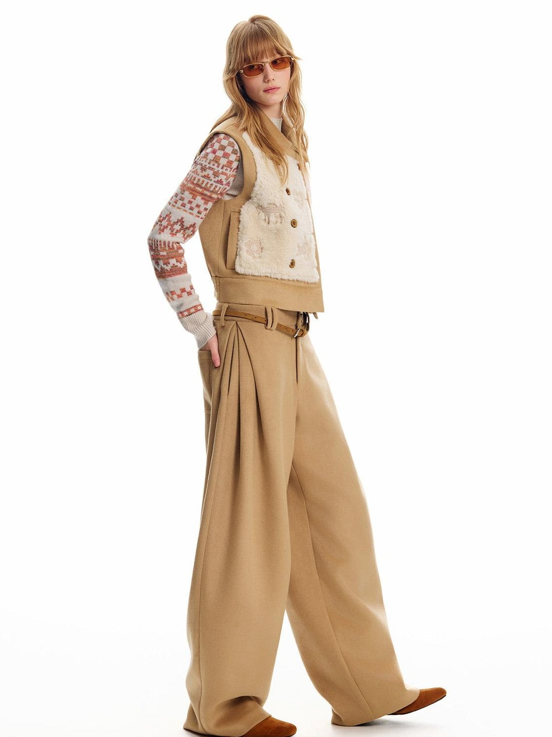 OuttheBlue Ginger Cat Embroidery Fuzzy Spliced Wool Blend Women&