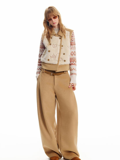 OuttheBlue Ginger Cat Embroidery Fuzzy Spliced Wool Blend Women&