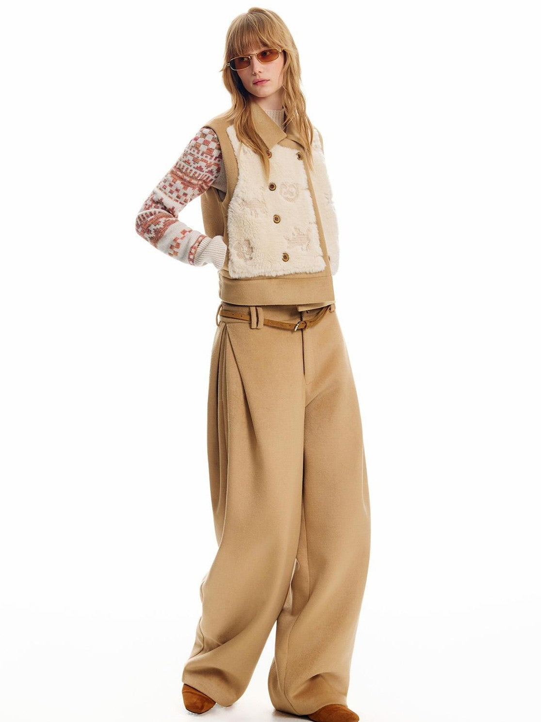 OuttheBlue Ginger Cat Embroidery Fuzzy Spliced Wool Blend Women&