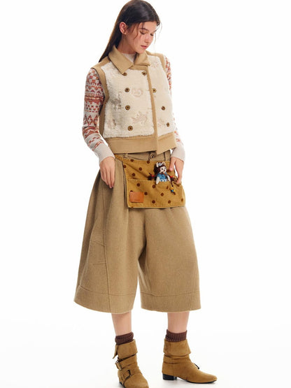 OuttheBlue Ginger Cat Embroidery Fuzzy Spliced Wool Blend Women&