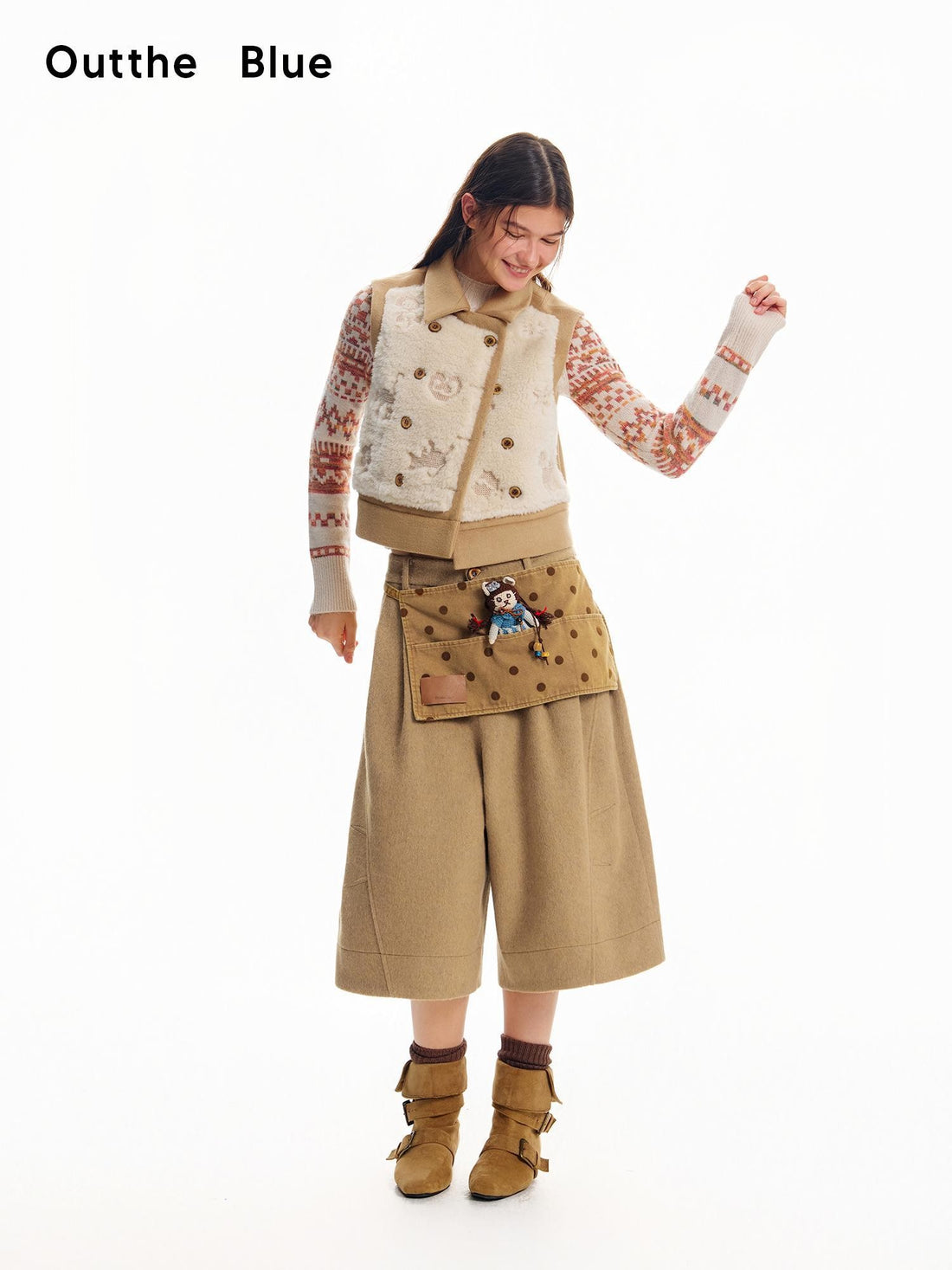 OuttheBlue Ginger Cat Embroidery Fuzzy Spliced Wool Blend Women&