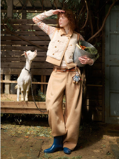 OuttheBlue Ginger Cat Embroidery Fuzzy Spliced Wool Blend Women&