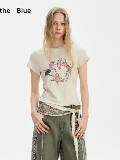 OuttheBlue Gold Coin Cat Print Sleeveless Midlength Two Piece Women&