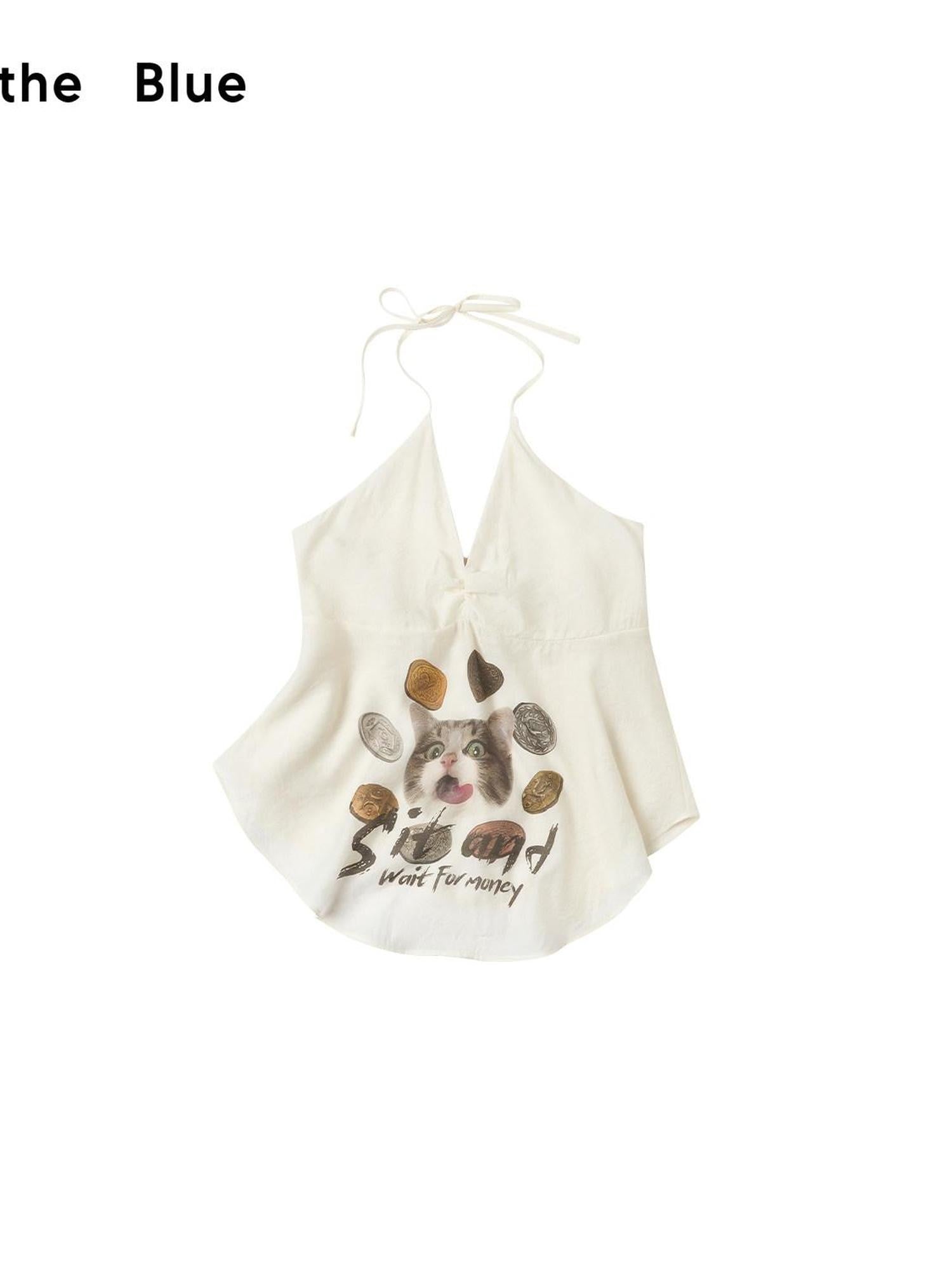 OuttheBlue Gold Coin Cat Print Sleeveless Midlength Two Piece Women&