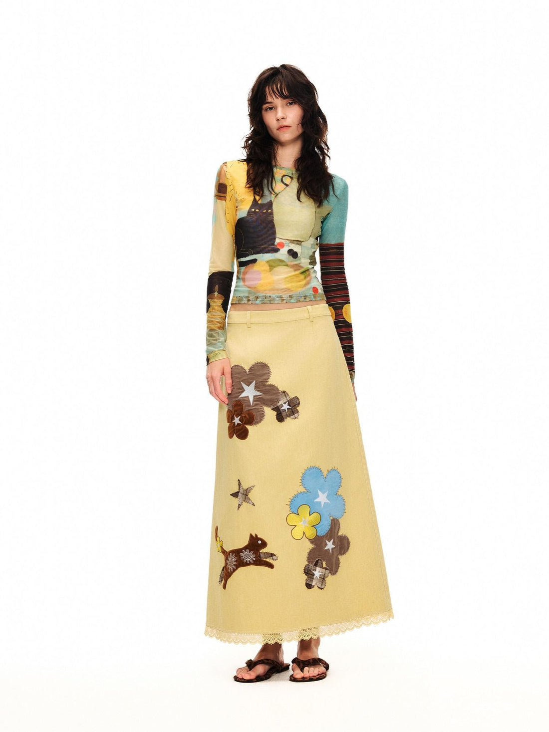 OuttheBlue Goose Yellow Floral Embroidered High Waist Straight Women&