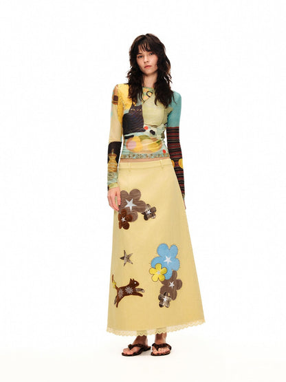 OuttheBlue Goose Yellow Floral Embroidered High Waist Straight Women&