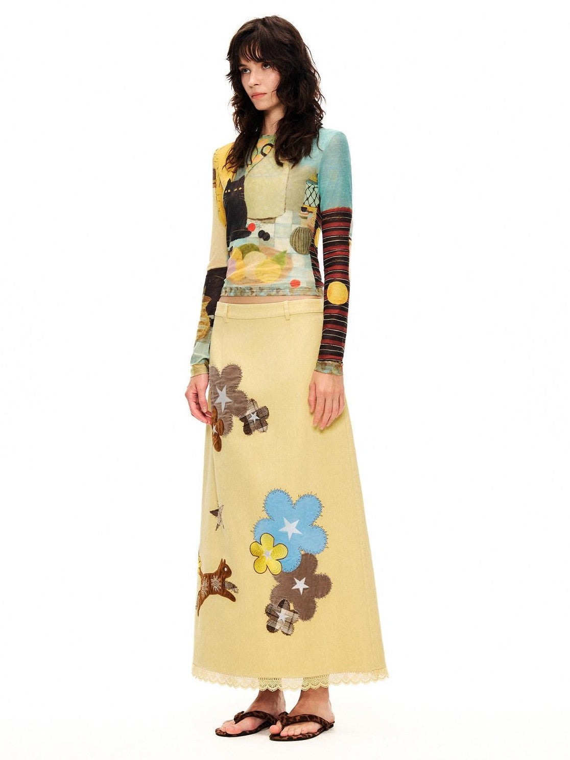 OuttheBlue Goose Yellow Floral Embroidered High Waist Straight Women&
