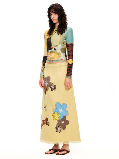 OuttheBlue Goose Yellow Floral Embroidered High Waist Straight Women&
