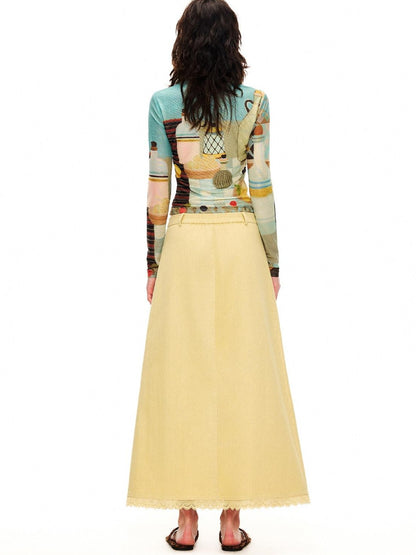 OuttheBlue Goose Yellow Floral Embroidered High Waist Straight Women&