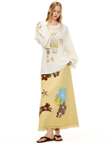 OuttheBlue Goose Yellow Floral Embroidered High Waist Straight Women&