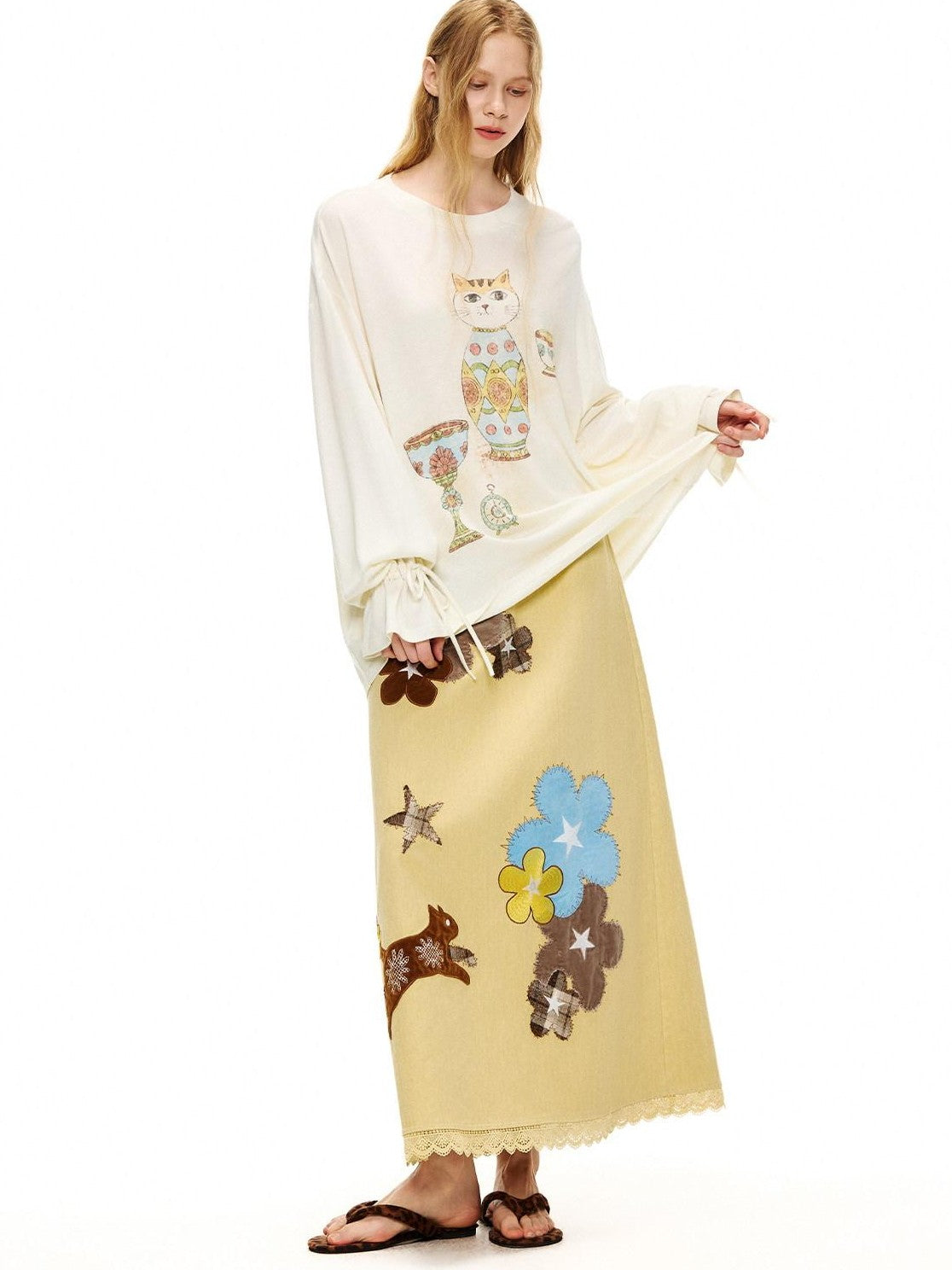 OuttheBlue Goose Yellow Floral Embroidered High Waist Straight Women&