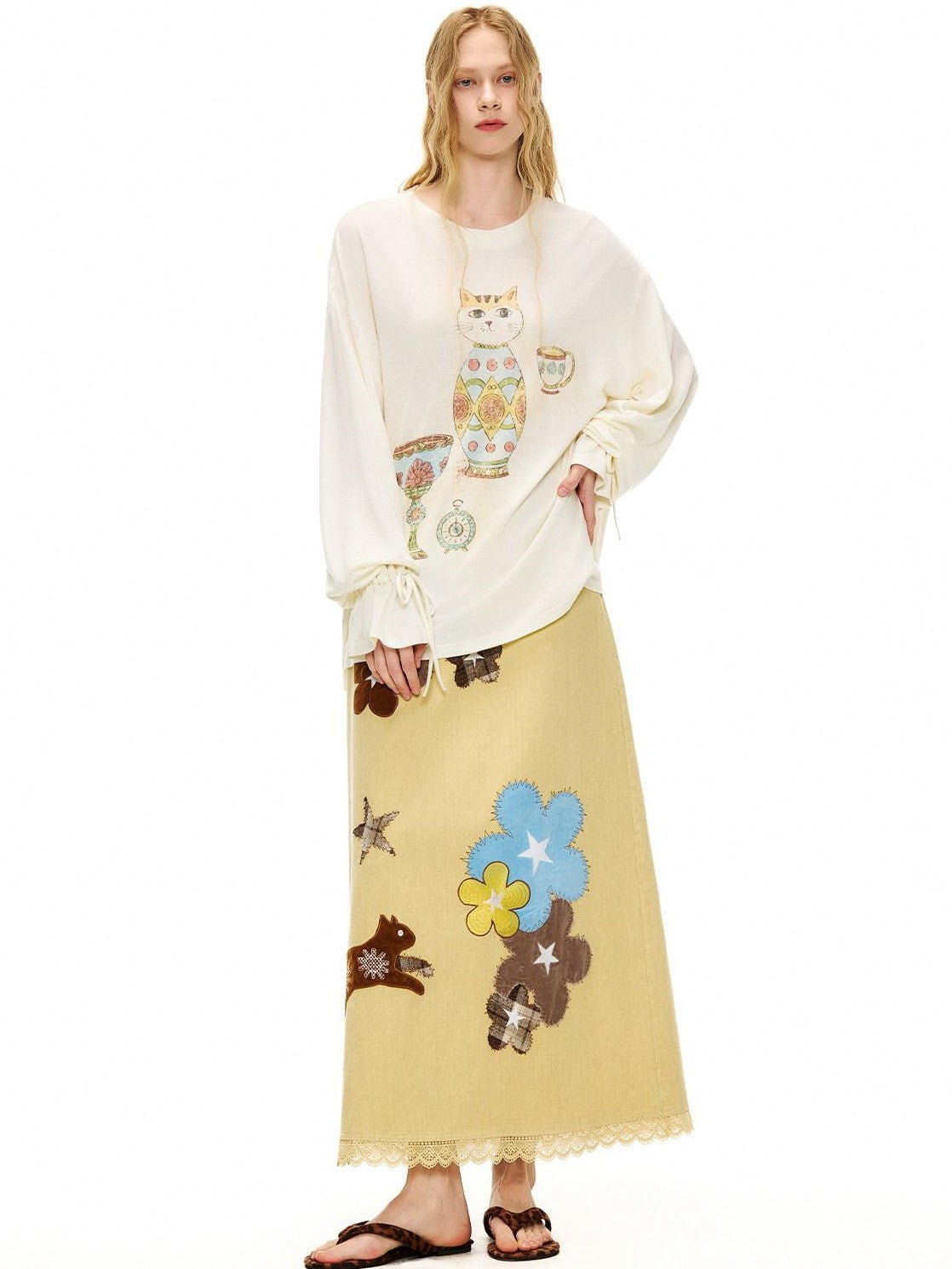 OuttheBlue Goose Yellow Floral Embroidered High Waist Straight Women&