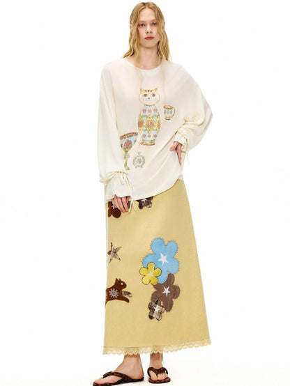 OuttheBlue Goose Yellow Floral Embroidered High Waist Straight Women&