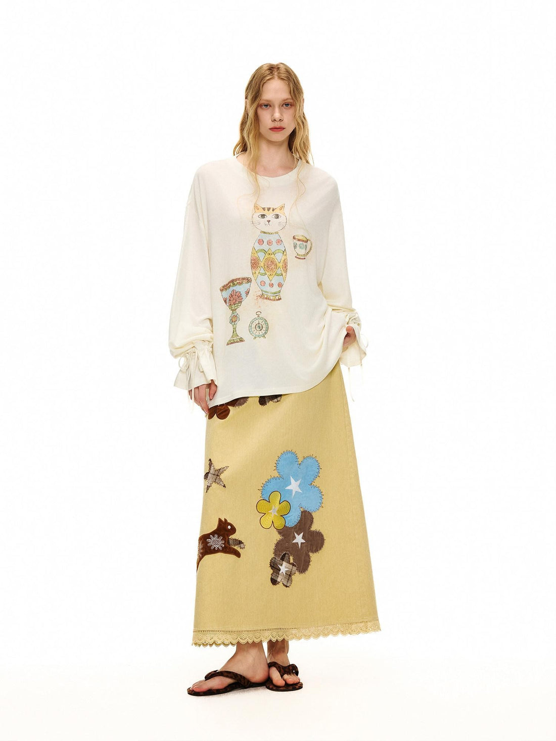 OuttheBlue Goose Yellow Floral Embroidered High Waist Straight Women&