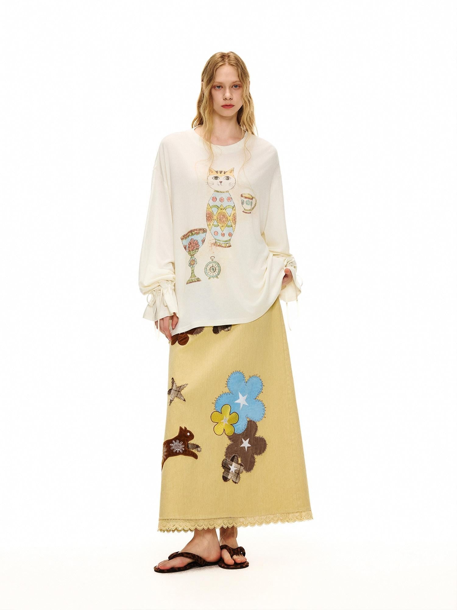 OuttheBlue Goose Yellow Floral Embroidered High Waist Straight Women&